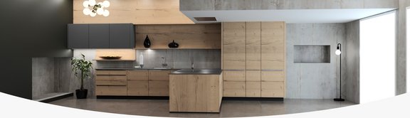 Hochmodern konfigurierte Küchenzeile in heller Holzoptik mit Fliesenwand in betongrau