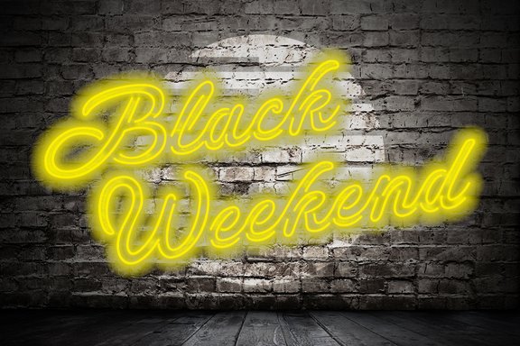 grauer Hintergund mit hellgrauem bauwelt Logo und der Aufschrift in knalligem Neon-Gelb "black weekend"