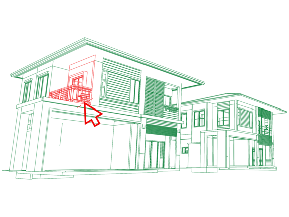 Grüne Umrisse eines Hauses mit einem rotem Cursor, welcher auf einen Balkon zeigt