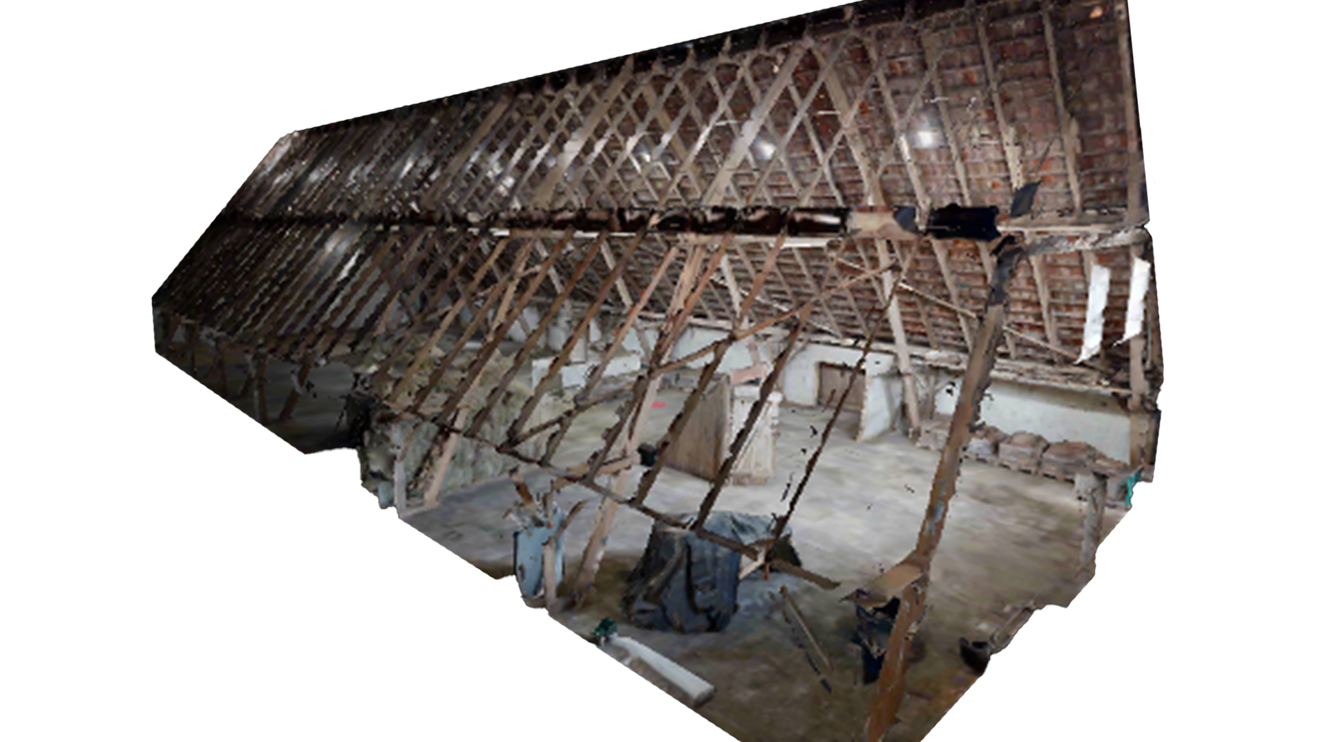 3D-Modell eines historischen Dachbodens mit sichtbaren Balkenkonstruktionen und geneigtem Dach