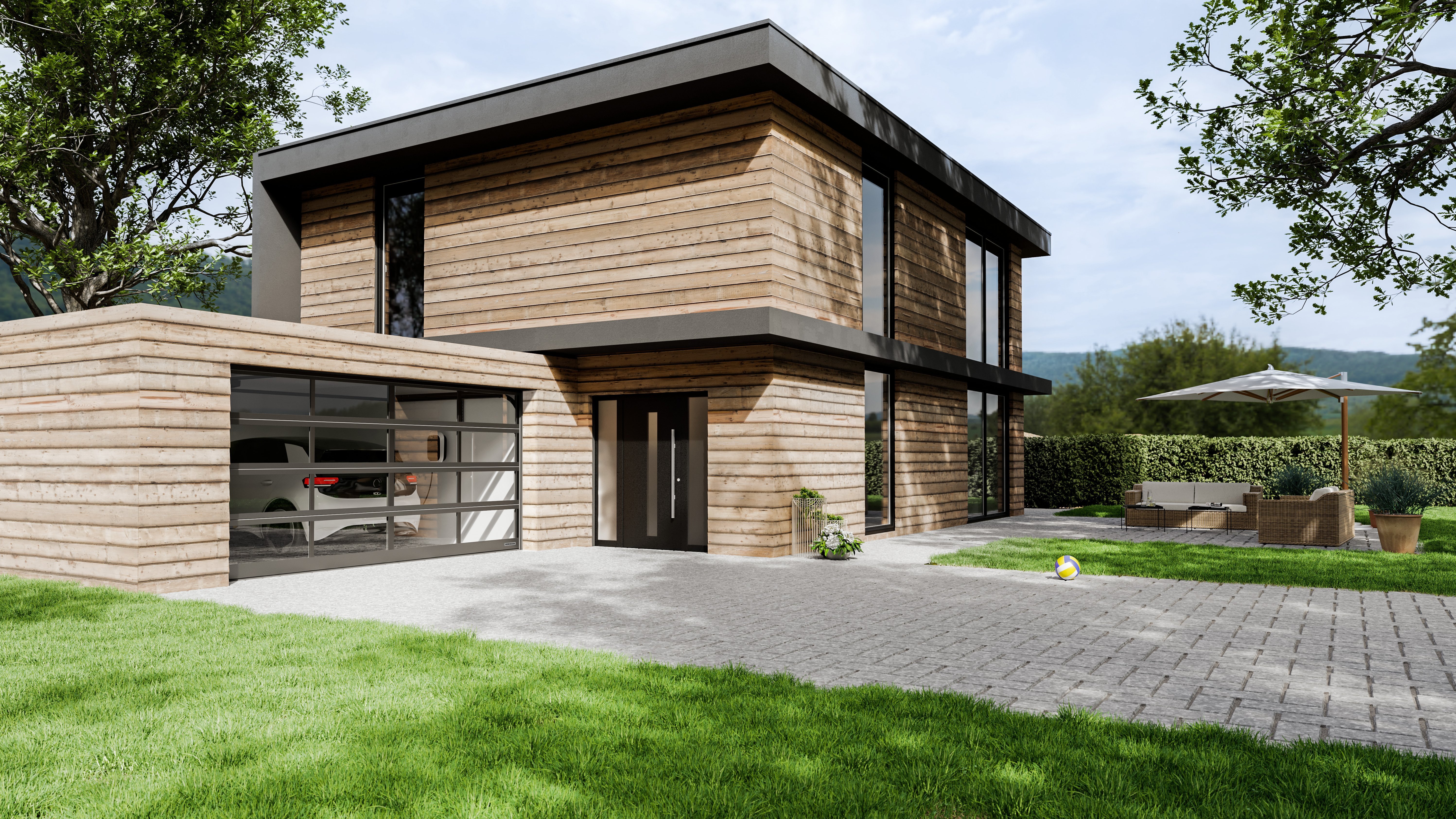 Modernes Holzhaus mit Aluminium-Rahmentor aus Glas, Einfahrt und Sitzbereich im Garten.