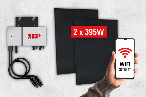 Balkonkraftwerk-Set mit zwei Solarmodulen, Wechselrichter von NEP und Smartphone mit WiFi-Steuerung