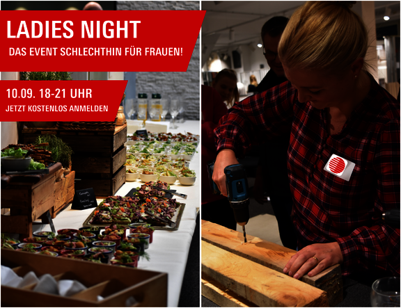Frau die einen Akkuschrauber in der Hand hat und auf dem Bild daneben das schön aufbereitete Catering