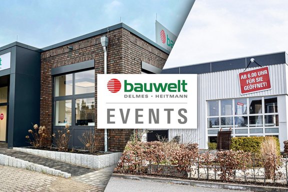 Collage zweier bauwelt-Gebäude mit Logo und dem Schriftzug „Events“ im Mittelpunkt