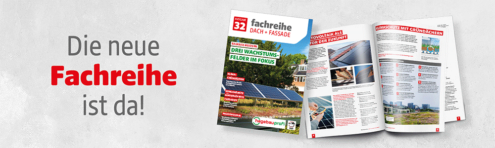 Werbeanzeige für die neue Ausgabe der Fachreihe „Dach + Fassade“, mit Fokus auf Photovoltaik und Klimaschutz